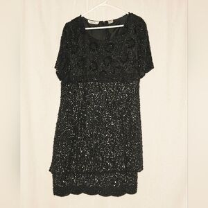 Vintage Laurence Kazar Black Beaded Silk Formal Dress Sz XL